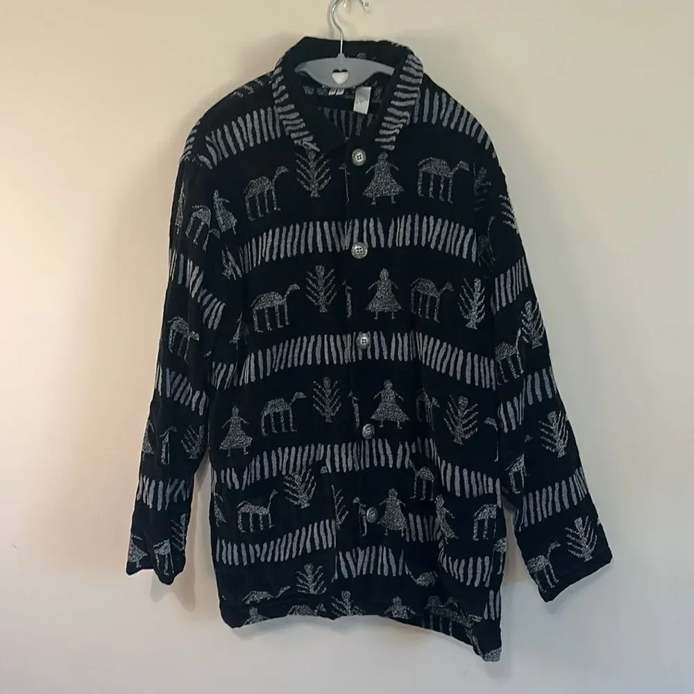 Vintage Rare Chicos Design Black/Gray Primitive Print Button Front Jacket Shirt